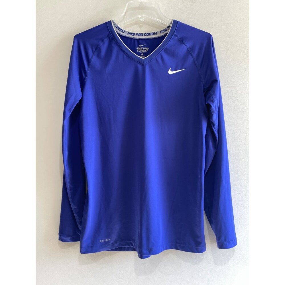 Nike Dri- Fit Pro Combat Compression Shirt Mens L Blue Fitted Long Sleeve